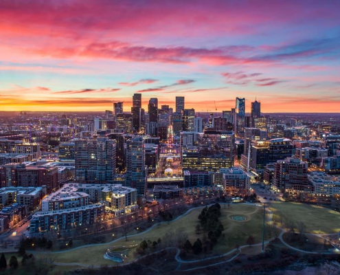 Denver Skyline with Dramatic Sunrise